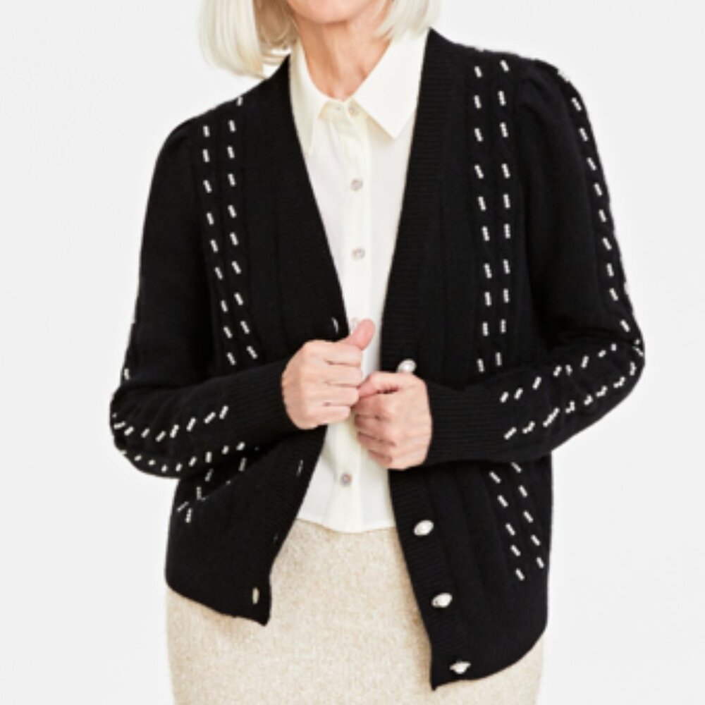 Black 100% Cashmere Pearl Embellished Boyfriend Cardigan nwt